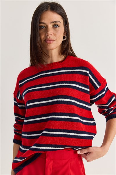 Kadın Çizgili Bisiklet Yaka Oversize Triko Kazak TK261149 60286607 - Kırmızı-Lacivert