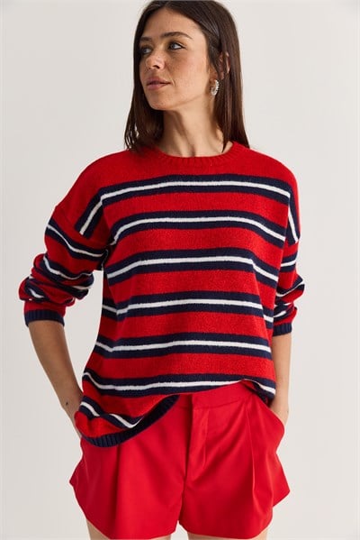 Kadın Çizgili Bisiklet Yaka Oversize Triko Kazak TK261149 60286607 - Kırmızı-Lacivert