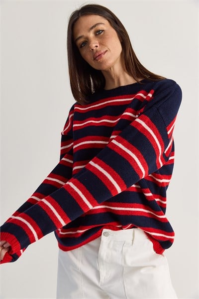 Kadın Çizgili Bisiklet Yaka Oversize Triko Kazak TK261149 60286607 - Lacivert-Kırmızı