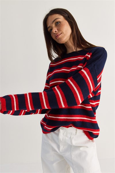 Kadın Çizgili Bisiklet Yaka Oversize Triko Kazak TK261149 60286607 - Lacivert-Kırmızı