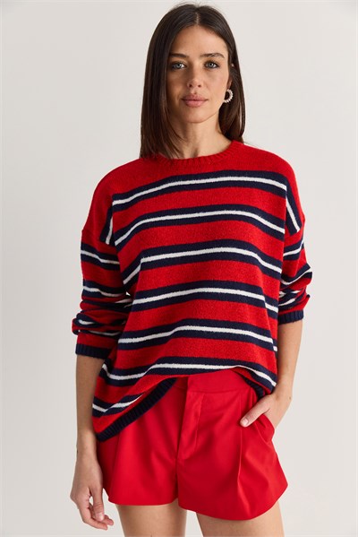 Kadın Çizgili Bisiklet Yaka Oversize Triko Kazak TK261149 60286607 - Kırmızı-Lacivert