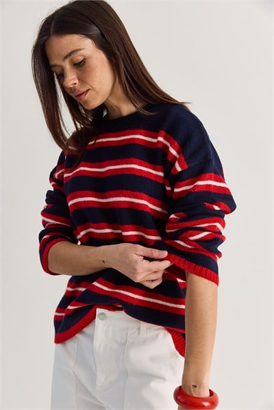 Kadın Çizgili Bisiklet Yaka Oversize Triko Kazak TK261149 60286607 - Lacivert-Kırmızı