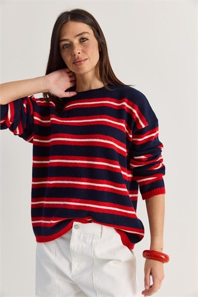 Kadın Çizgili Bisiklet Yaka Oversize Triko Kazak TK261149 60286607 - Lacivert-Kırmızı