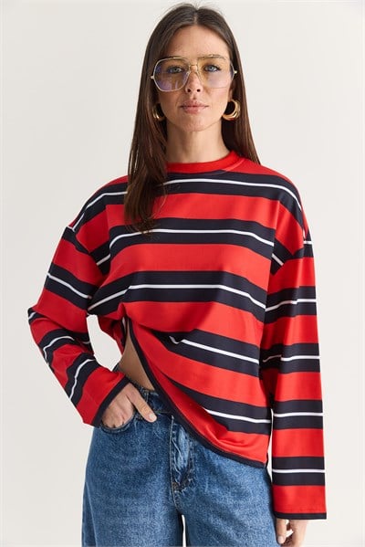 Kadın Çizgili Bisiklet Yaka Oversize Uzun Kollu Modal Sweatshirt 927-4 60286764 - Kırmızı