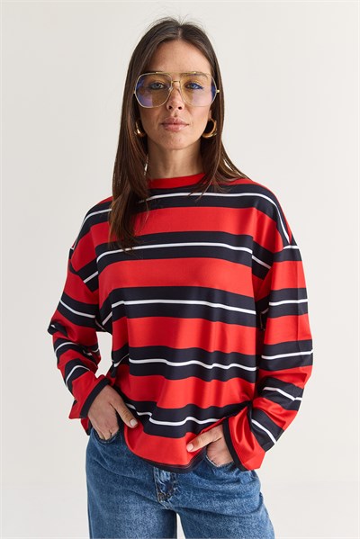 Kadın Çizgili Bisiklet Yaka Oversize Uzun Kollu Modal Sweatshirt 927-4 60286764 - Kırmızı