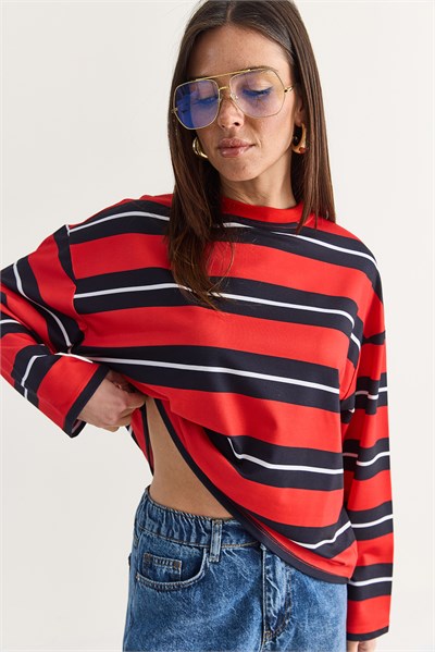 Kadın Çizgili Bisiklet Yaka Oversize Uzun Kollu Modal Sweatshirt 927-4 60286764 - Kırmızı