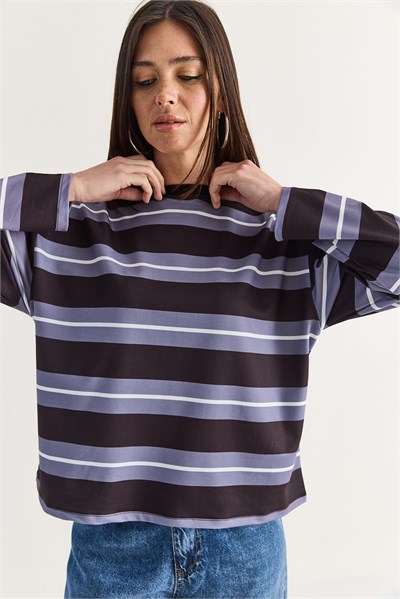 Kadın Çizgili Bisiklet Yaka Oversize Uzun Kollu Modal Sweatshirt 927-4 60286764 - Lila