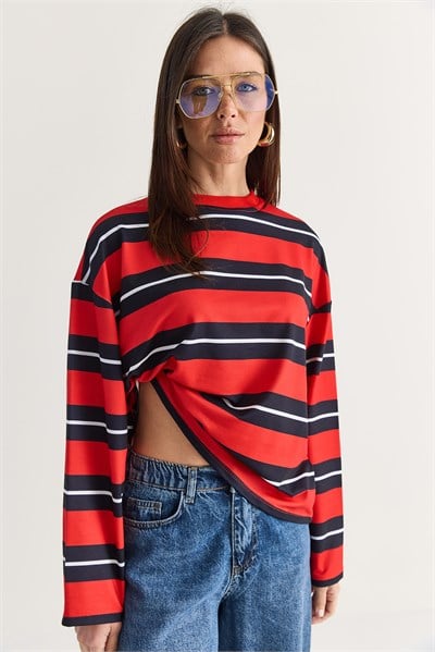 Kadın Çizgili Bisiklet Yaka Oversize Uzun Kollu Modal Sweatshirt 927-4 60286764 - Kırmızı