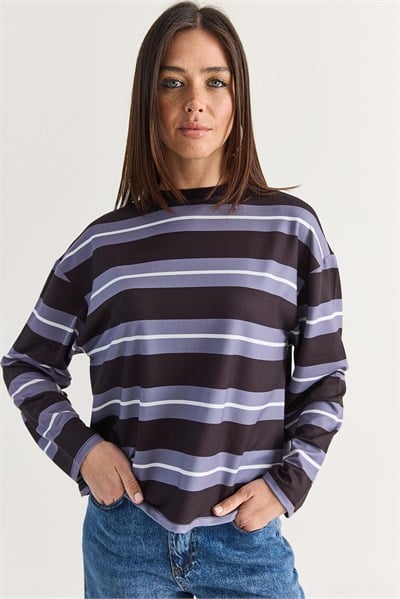 Kadın Çizgili Bisiklet Yaka Oversize Uzun Kollu Modal Sweatshirt 927-4 60286764 - Lila