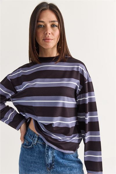 Kadın Çizgili Bisiklet Yaka Oversize Uzun Kollu Modal Sweatshirt 927-4 60286764 - Lila