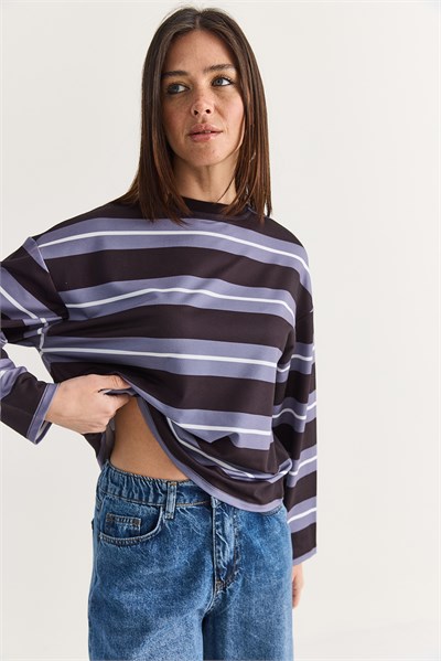 Kadın Çizgili Bisiklet Yaka Oversize Uzun Kollu Modal Sweatshirt 927-4 60286764 - Lila