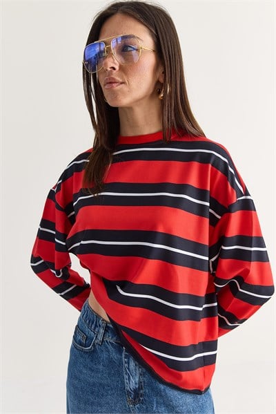Kadın Çizgili Bisiklet Yaka Oversize Uzun Kollu Modal Sweatshirt 927-4 60286764 - Kırmızı