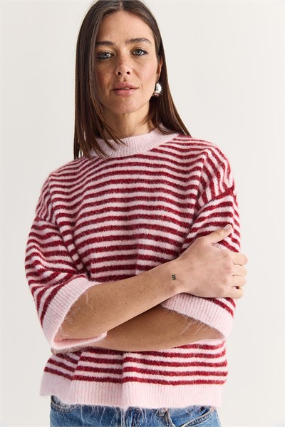 Kadın Çizgili Bisiklet Yaka Yarım Kollu Şardonlu Oversize Triko Kazak 5282 60286698 - Pudra-Pembe
