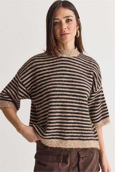 Kadın Çizgili Bisiklet Yaka Yarım Kollu Şardonlu Oversize Triko Kazak 5282 60286698 - Bej-Kahverengi