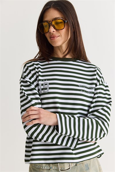 Kadın Çizgili Dijital Baskı Detaylı Oversize Uzun Kollu T-Shirt 925 60286558 - Beyaz-Yeşil