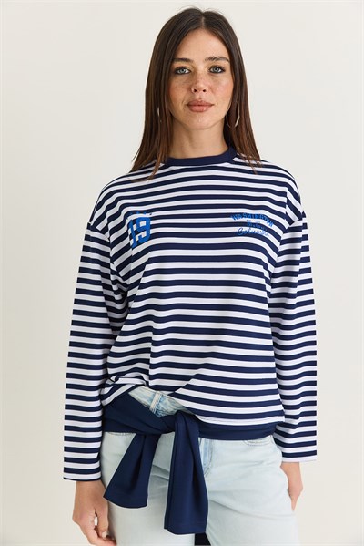 Kadın Çizgili Dijital Baskı Detaylı Oversize Uzun Kollu T-Shirt 925 60286558 - Lacivert-Ekru