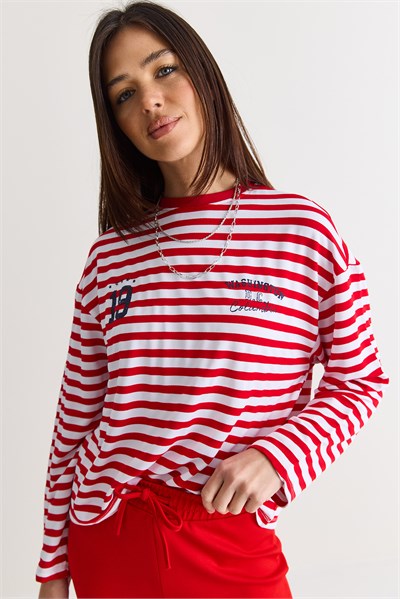 Kadın Çizgili Dijital Baskı Detaylı Oversize Uzun Kollu T-Shirt 925 60286558 - Beyaz-Kırmızı