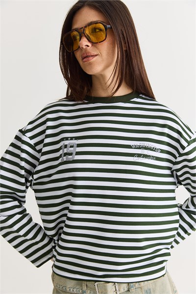 Kadın Çizgili Dijital Baskı Detaylı Oversize Uzun Kollu T-Shirt 925 60286558 - Beyaz-Yeşil