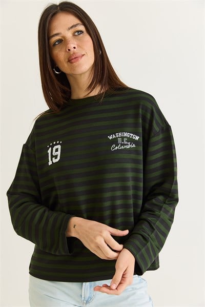 Kadın Çizgili Dijital Baskı Detaylı Oversize Uzun Kollu T-Shirt 925 60286558 - Yeşil-Siyah
