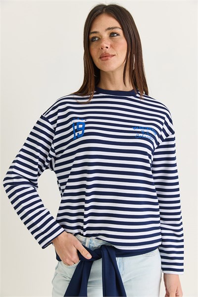 Kadın Çizgili Dijital Baskı Detaylı Oversize Uzun Kollu T-Shirt 925 60286558 - Lacivert-Ekru