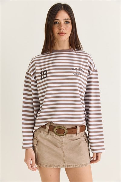 Kadın Çizgili Dijital Baskı Detaylı Oversize Uzun Kollu T-Shirt 925 60286558 - Bej-Ekru