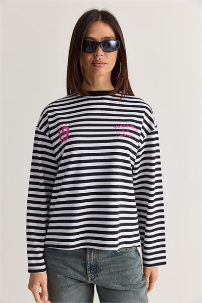 Kadın Çizgili Dijital Baskı Detaylı Oversize Uzun Kollu T-Shirt 925 60286558 - Beyaz-Siyah