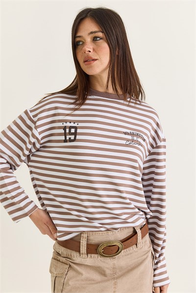 Kadın Çizgili Dijital Baskı Detaylı Oversize Uzun Kollu T-Shirt 925 60286558 - Bej-Ekru