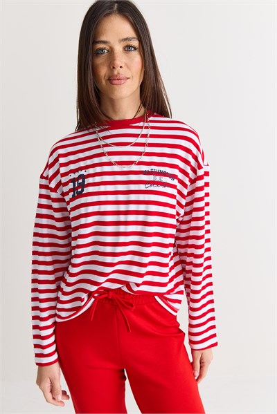 Kadın Çizgili Dijital Baskı Detaylı Oversize Uzun Kollu T-Shirt 925 60286558 - Beyaz-Kırmızı