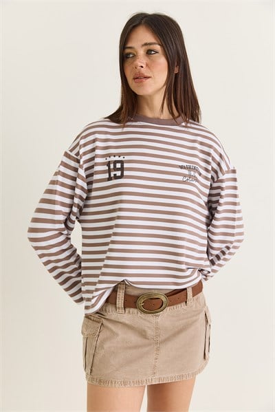 Kadın Çizgili Dijital Baskı Detaylı Oversize Uzun Kollu T-Shirt 925 60286558 - Bej-Ekru