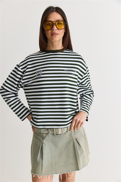 Kadın Çizgili Dijital Baskı Detaylı Oversize Uzun Kollu T-Shirt 925 60286558 - Beyaz-Yeşil