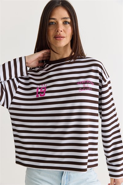 Kadın Çizgili Dijital Baskı Detaylı Oversize Uzun Kollu T-Shirt 925 60286558 - Beyaz-Kahve