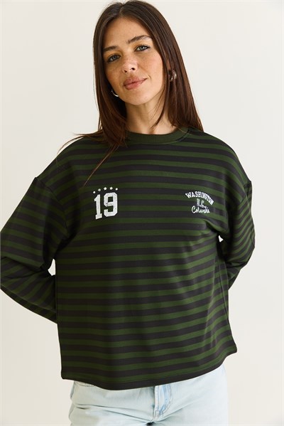 Kadın Çizgili Dijital Baskı Detaylı Oversize Uzun Kollu T-Shirt 925 60286558 - Yeşil-Siyah