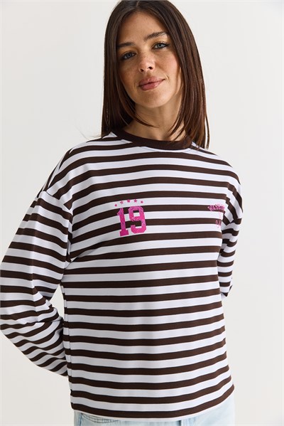 Kadın Çizgili Dijital Baskı Detaylı Oversize Uzun Kollu T-Shirt 925 60286558 - Beyaz-Kahve