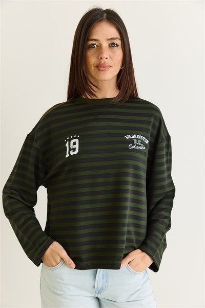Kadın Çizgili Dijital Baskı Detaylı Oversize Uzun Kollu T-Shirt 925 60286558 - Yeşil-Siyah