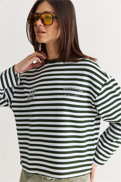 Kadın Çizgili Dijital Baskı Detaylı Oversize Uzun Kollu T-Shirt 925 60286558 - Beyaz-Yeşil