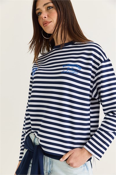 Kadın Çizgili Dijital Baskı Detaylı Oversize Uzun Kollu T-Shirt 925 60286558 - Lacivert-Ekru
