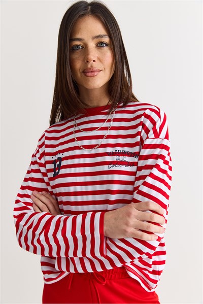 Kadın Çizgili Dijital Baskı Detaylı Oversize Uzun Kollu T-Shirt 925 60286558 - Beyaz-Kırmızı