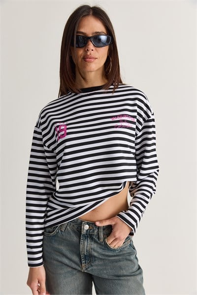 Kadın Çizgili Dijital Baskı Detaylı Oversize Uzun Kollu T-Shirt 925 60286558 - Beyaz-Siyah
