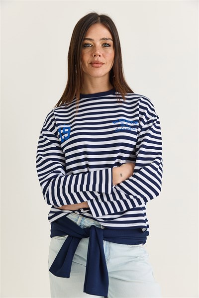 Kadın Çizgili Dijital Baskı Detaylı Oversize Uzun Kollu T-Shirt 925 60286558 - Lacivert-Ekru