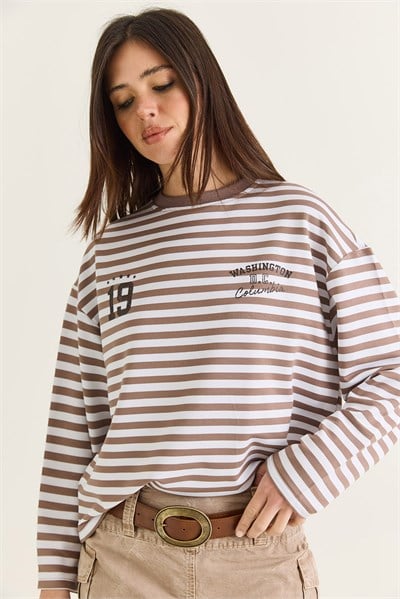 Kadın Çizgili Dijital Baskı Detaylı Oversize Uzun Kollu T-Shirt 925 60286558 - Bej-Ekru