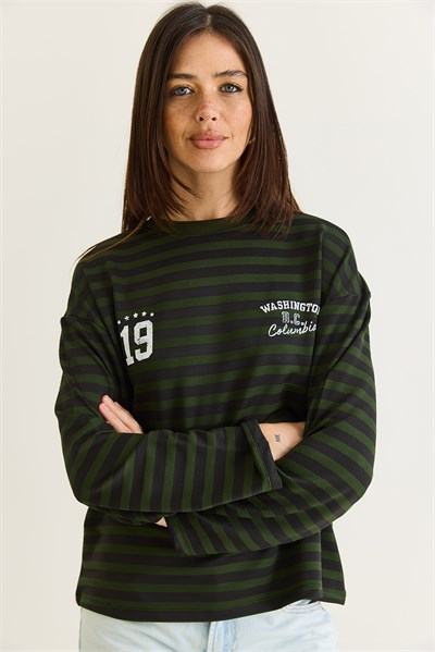 Kadın Çizgili Dijital Baskı Detaylı Oversize Uzun Kollu T-Shirt 925 60286558 - Yeşil-Siyah