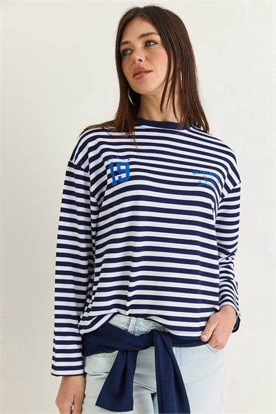 Kadın Çizgili Dijital Baskı Detaylı Oversize Uzun Kollu T-Shirt 925 60286558 - Lacivert-Ekru
