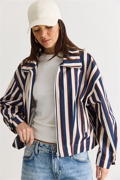 Kadın Çizgili Dik Yaka Cep Detaylı Pileli Fermuarlı Denim Ceket 7084 60286571 - Lacivert-Ekru