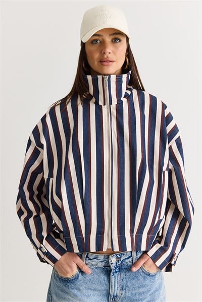 Kadın Çizgili Dik Yaka Cep Detaylı Pileli Fermuarlı Denim Ceket 7084 60286571 - Lacivert-Ekru