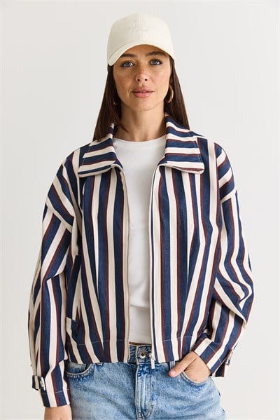 Kadın Çizgili Dik Yaka Cep Detaylı Pileli Fermuarlı Denim Ceket 7084 60286571 - Lacivert-Ekru