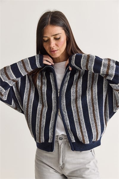 Kadın Çizgili Dik Yaka Çift Yönlü Fermuarlı Oversize Triko Hırka TH261048 60286719 - Lacivert