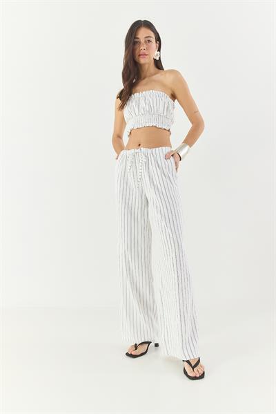 Kadın Çizgili Gipe Detaylı Crop Top Beli İpli Geniş Paça Pantolon Alt-Üst Takım 60283262 - Beyaz