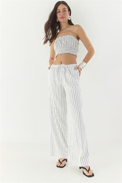 Kadın Çizgili Gipe Detaylı Crop Top Beli İpli Geniş Paça Pantolon Alt-Üst Takım 60283262 - Beyaz