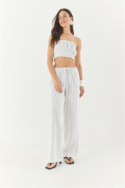 Kadın Çizgili Gipe Detaylı Crop Top Beli İpli Geniş Paça Pantolon Alt-Üst Takım 60283262 - Beyaz