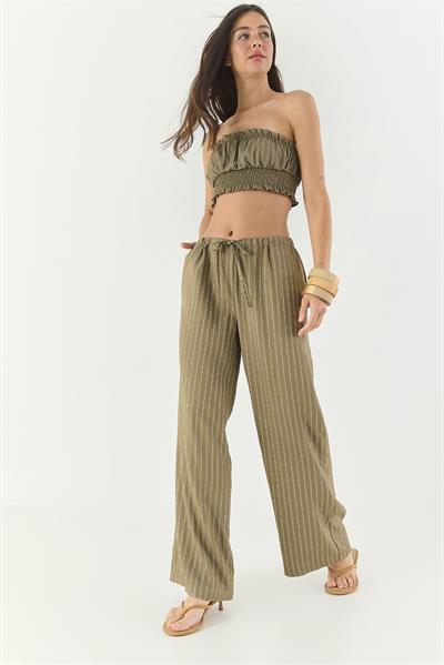 Kadın Çizgili Gipe Detaylı Crop Top Beli İpli Geniş Paça Pantolon Alt-Üst Takım 60283262 - Haki